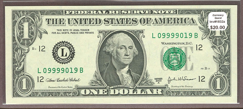 2003A $1 FRN "Poker Note", Five Nines Serial Number